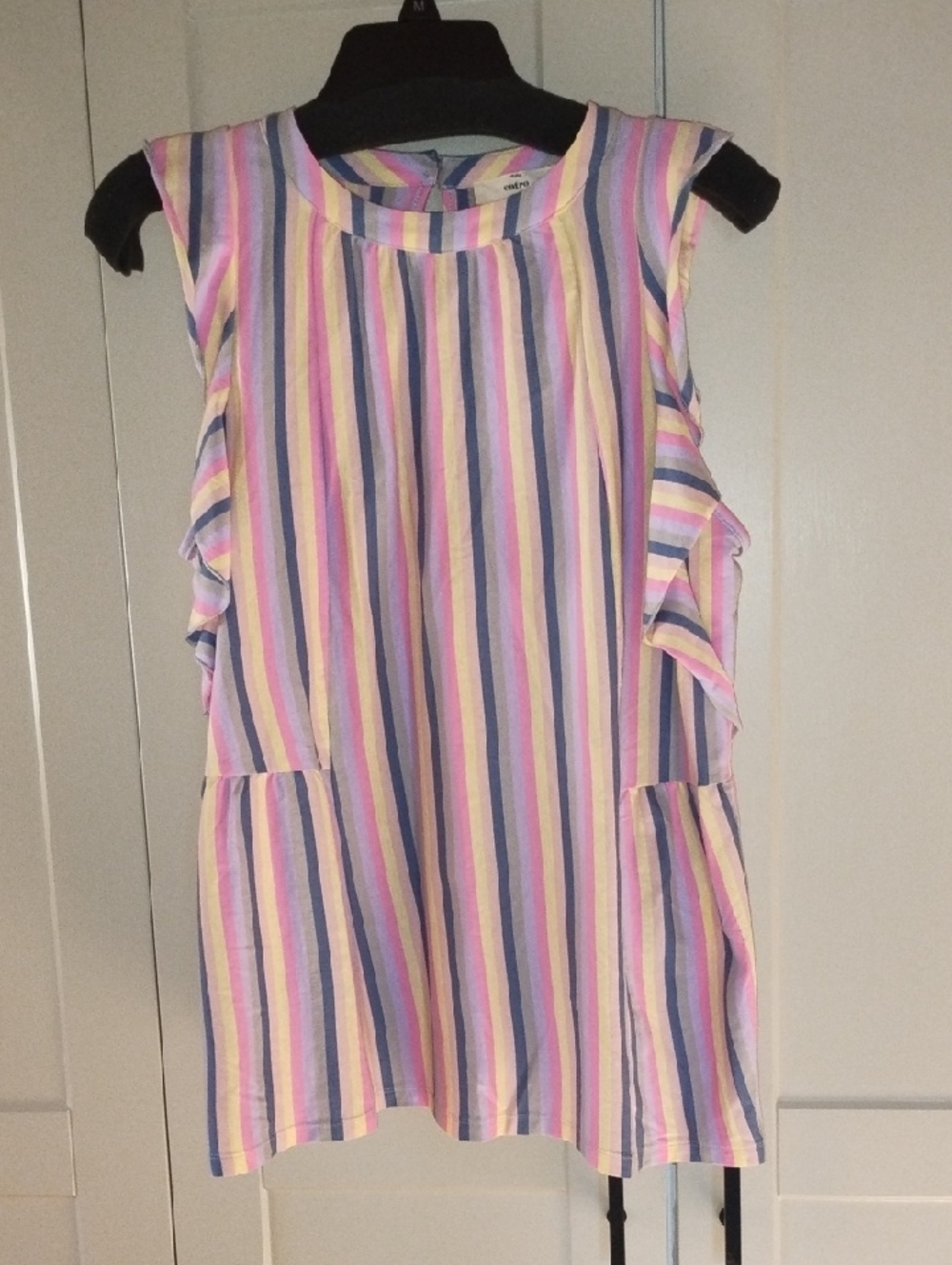 entro Pastel Multi-Stripe Ruffle Sleeve Top - Pink, Yellow & Blue